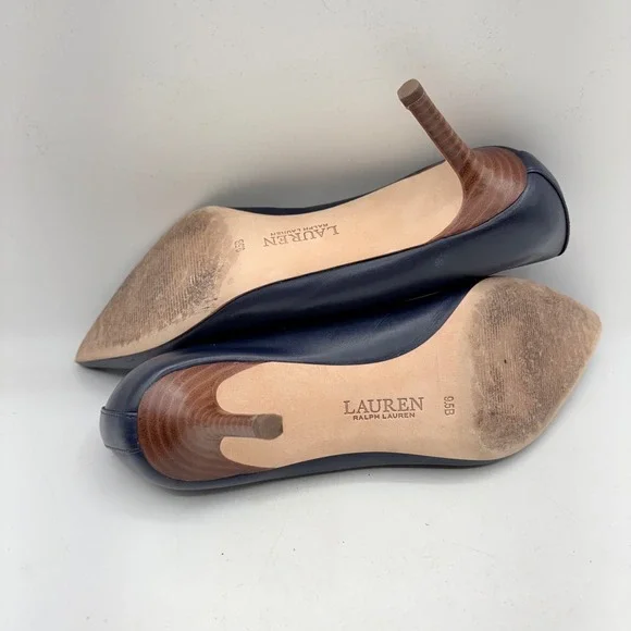 Lauren Ralph Lauren Lanette Navy Blue Leather Pointed Toe Kitten Heel Pumps 9.5 - Picture 10 of 10